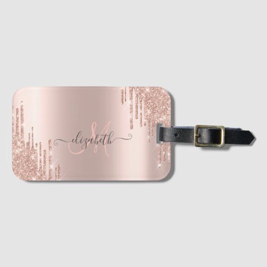 Moderne Glitter Drift Roos Gold Monogram Bagagelabel (Voorkant (horizontaal))