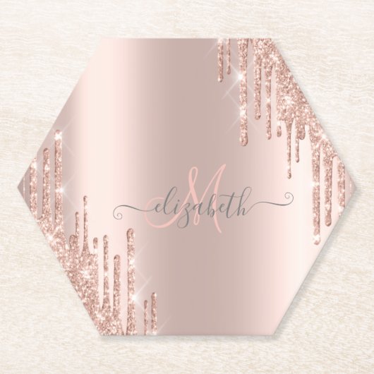 Moderne Glitter Drift Roos Gold Monogram Kartonnen Onderzetters (Voorkant)