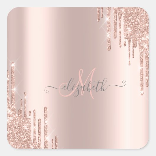 Moderne Glitter Drift Roos Gold Monogram Vierkante Sticker (Voorkant)