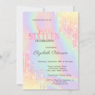 Moderne Glitter Drips Holografische Sweet 16 Kaart