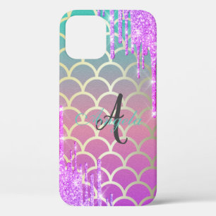 Moderne glitter DripS Mermaid Scale, Monogram iPhone 12 Hoesje