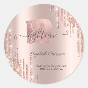 Moderne Glitter Drips Roos Gold 18e verjaardag Ronde Sticker
