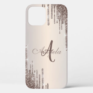 Moderne Glitter Drips Roze Goud, Monogram Case-Mat iPhone 12 Hoesje