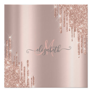 Moderne Glitter Drips Roze Goud Monogram Perfect Poster