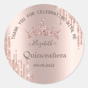 Moderne Glitter Drips Roze Goud Quinceañera Ronde Sticker