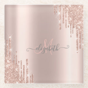 Moderne Glitter Drips Roze Gouden Monogram Glazen Onderzetter