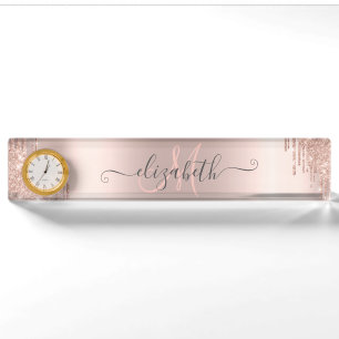 Moderne Glitter Drips Roze Gouden Monogram Naambordje