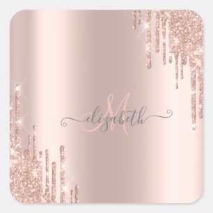Moderne Glitter Drips Roze Gouden Monogram Vierkante Sticker