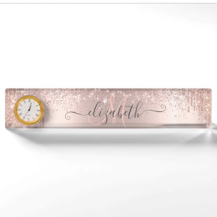 Moderne Glitter Drips Roze Gouden Stof Monogram Naambordje