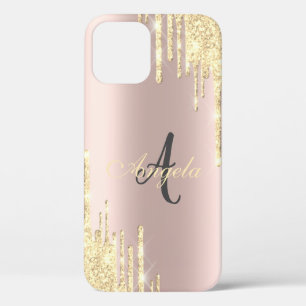 Moderne Glitter Gold Drivers Roos Gold, monogram iPhone 12 Hoesje