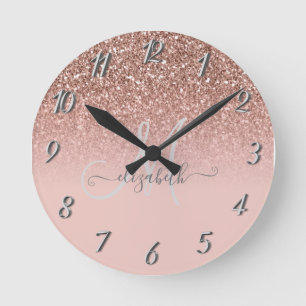 Moderne Glitter Lovertinten Roze Goud Initialen Ronde Klok