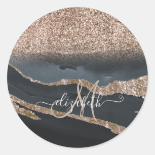 Moderne Glitter Marmeren Monogram Ronde Sticker