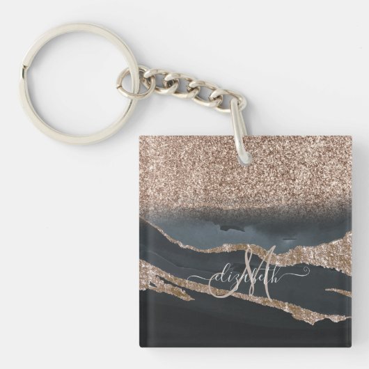 Moderne Glitter Marmeren Monogram Sleutelhanger (voorkant)