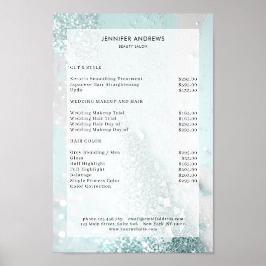 Moderne Glitter Mint Salon prijslijst Poster (Voorkant)