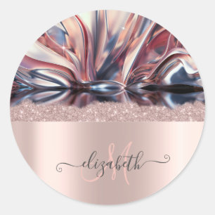 Moderne Glitter Roze Gouden Monogram Abstracte Ronde Sticker