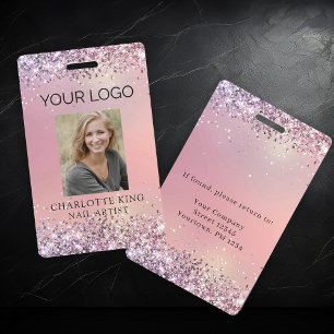 Moderne Glitter Roze Werknemer Foto ID Badge