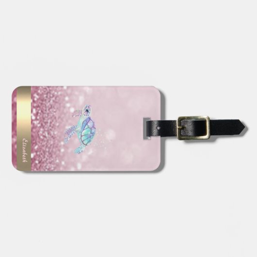 Moderne Glitter Turtle Glitter Bokeh Bagagelabel (Voorkant horizontaal)