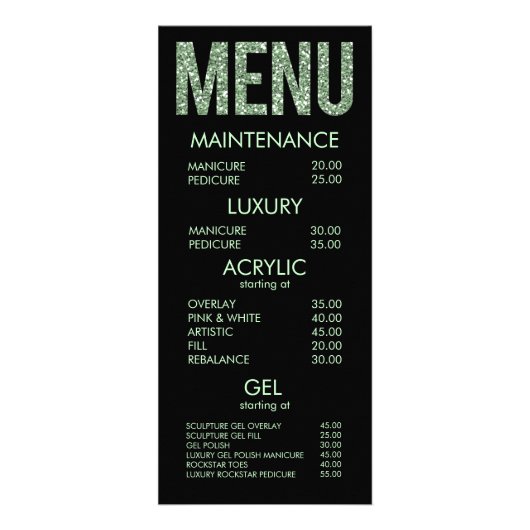 Moderne Glitter Typografie Salon Menu Kaarten (Voorkant)