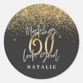 Moderne glitter zwart en goud 60ste verjaardag ronde sticker (Voorkant)