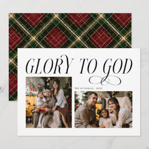 Moderne Glory to God 2 Foto Tartan Patroon Feestdagenkaart