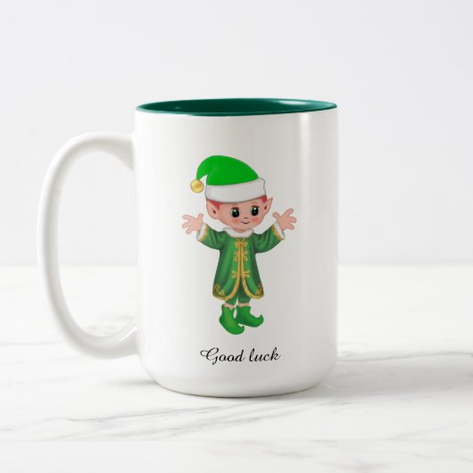 Moderne Goede Geluk Elf met Script en Monogram Mok (Links)