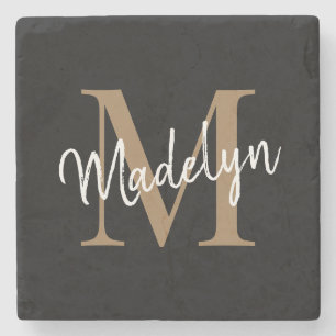 Moderne Gold Black Monogram Feminine Script Name Stenen Onderzetter