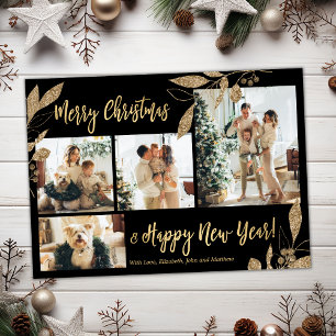Moderne Gold Botanical 4-foto-collage kerstfoto's Briefkaart