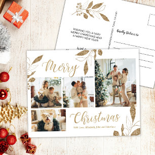 Moderne Gold Botanical 4 Foto Collage Kerstmis Briefkaart