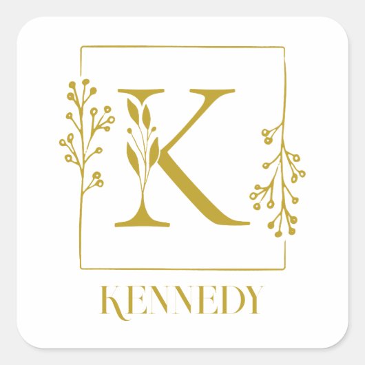 Moderne Gold Botanical Monogram Letter K Vierkante Sticker (Voorkant)