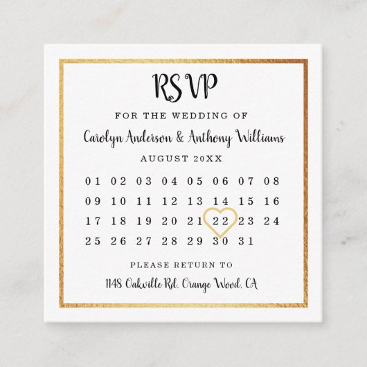 Moderne Gold Foil Calendar RSVP Informatiekaartje (Voorkant)