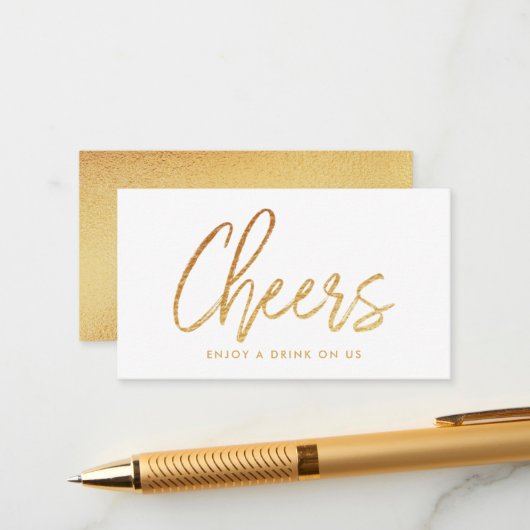 Moderne Gold Foil Script "Cheers"-Drink Ticket Informatiekaartje (Voorkant / Achterkant in situ)