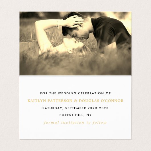 Moderne Gold Foil Script Photo Save the Date Card Visitekaartjes (Binnenkant ongevouwen)