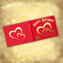 Moderne Gold Foil Verjaardag op Red Rect. Monogram Gastenboek