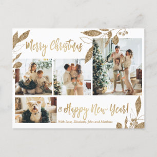 Moderne Gold Foliage 4 Foto Collage Kerstmis Briefkaart