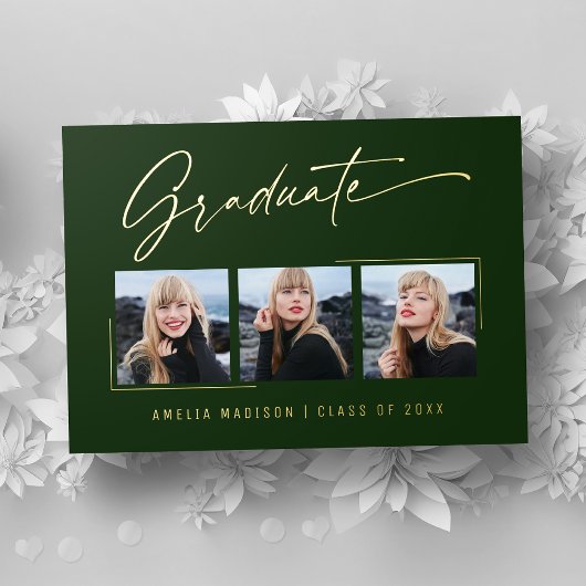 Moderne Gold Ink Script Emerald Afstudeerder-fotok Folie Uitnodiging