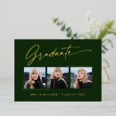 Moderne Gold Ink Script Emerald Afstudeerder-fotok Folie Uitnodiging (Staand Voorkant)