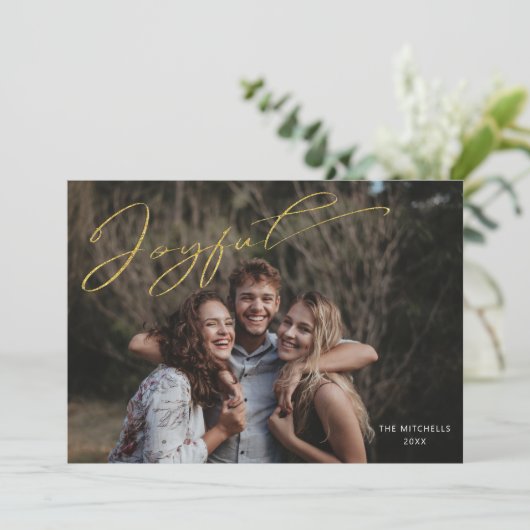 Moderne Gold Joyful Calligraphy Script Photo Feestdagenkaart (Staand voorkant)