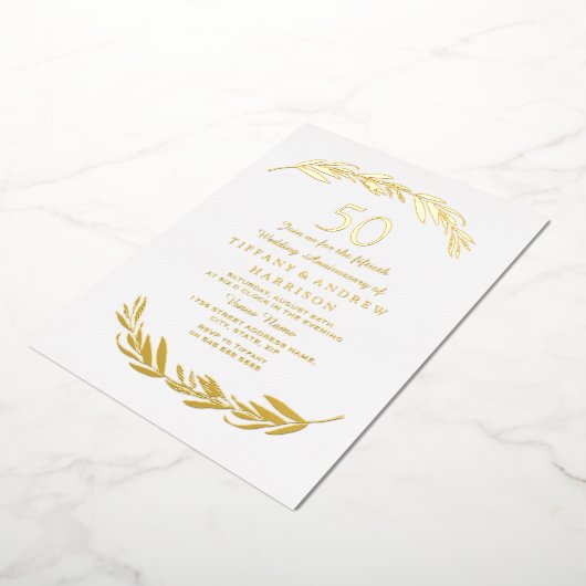 Moderne Gold Leaf Folie 50ste bruiloft Jubileum Folie Uitnodiging (Gedraaid)