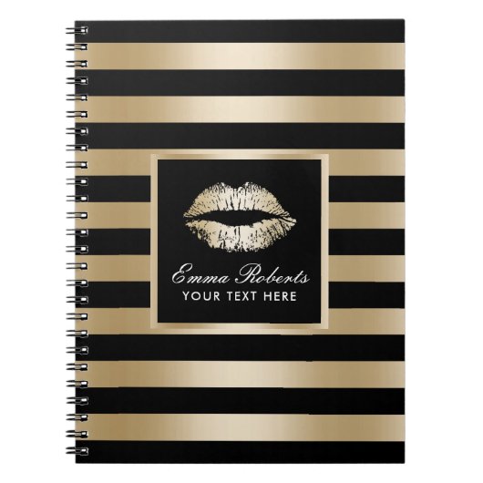Moderne Gold Lips Luxury Black & Gold Stripes Notitieboek (Voorkant)