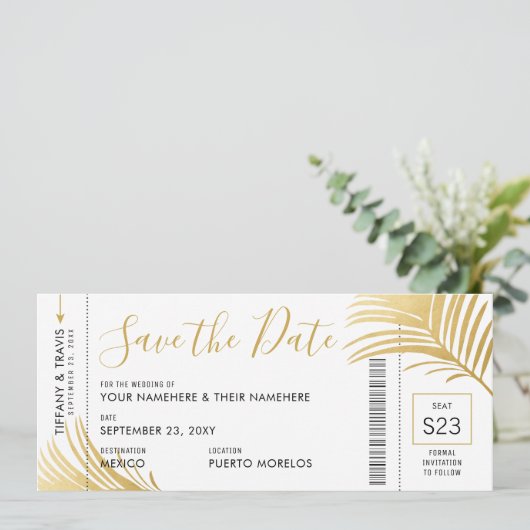 Moderne Gold Palm Leaf Boarding Pass Bewaar de dat Aankondiging (Staand voorkant)