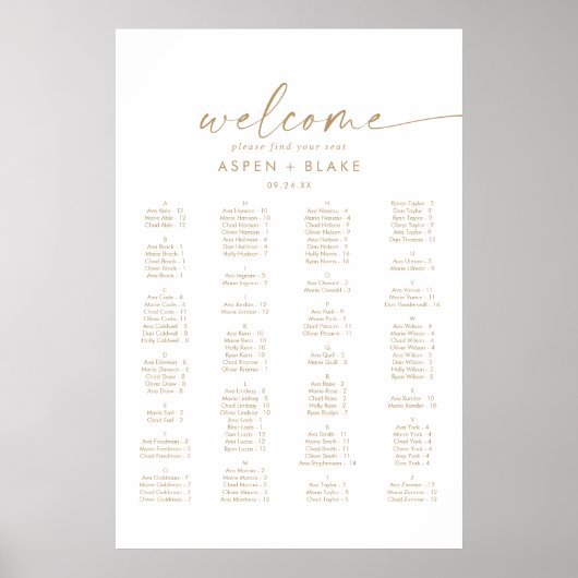 Moderne Gold Script Alfabetical Seating Chart Poster (Voorkant)
