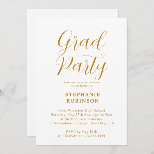 Moderne Gold Script Calligraphy Graduparty Kaart (Voorkant / Achterkant)