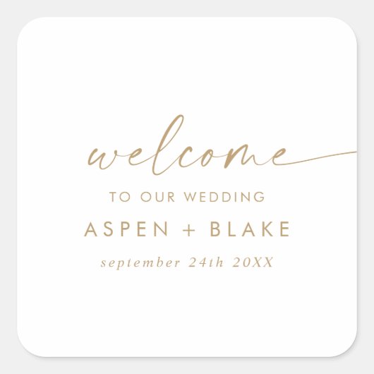 Moderne Gold Script Wedding Welcome Square Sticker (Voorkant)