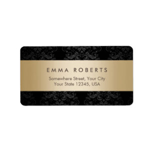 Moderne Gold Striped Elegant Black Damask Etiket