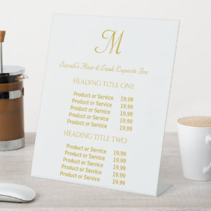 Moderne Gold & White Monogram Script Salon Reclamebord Met Voetstuk