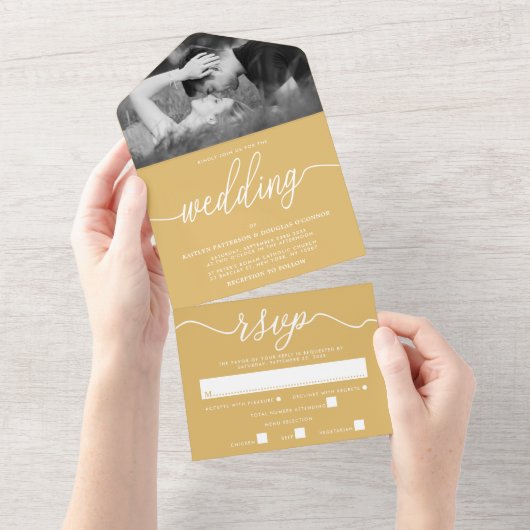 Moderne Gold & White Simple Script Weddenschap All In One Uitnodiging (Afscheurbaar)