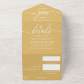 Moderne Gold & White Simple Script Weddenschap All In One Uitnodiging (Buitenkant)
