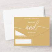 Moderne Gold & White Simple Script Weddenschap All In One Uitnodiging (Achterkant)