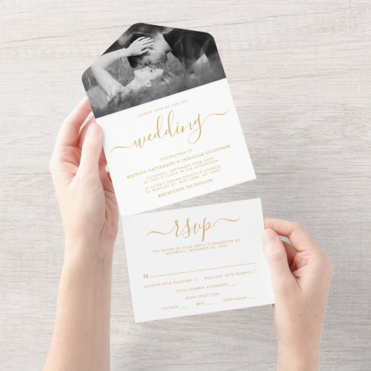 Moderne Gold & White Simple Script Weddenschap All In One Uitnodiging (Afscheurbaar)