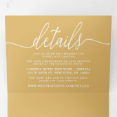 Moderne Gold & White Simple Script Wedding Suite Drieluik Uitnodiging (Binnenzijde eerst)